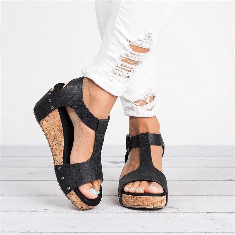 Peep Toe Buckle Strap Wedge Heel Sandals