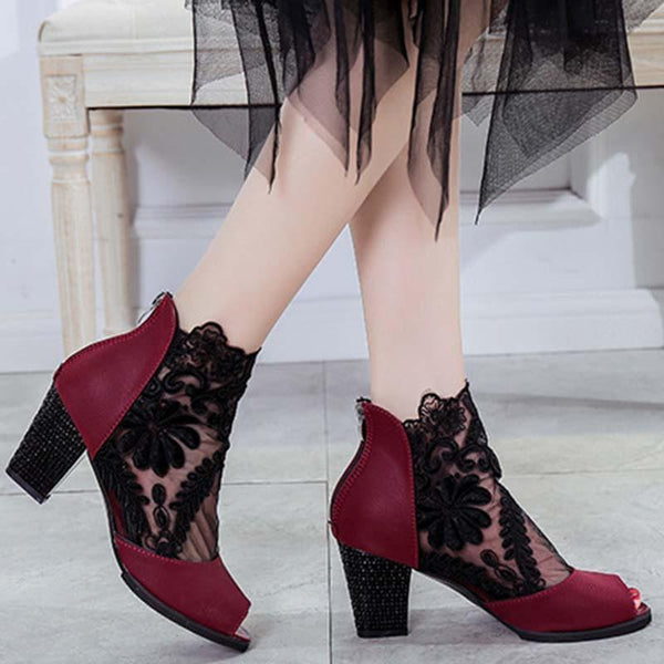 Women Fashion Net Yarn Spliced Peep Toe Sandals Pumps