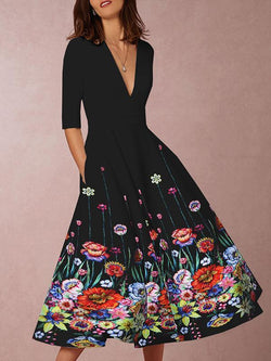 Women Elegant Black Dresses Printed Midi Dresses