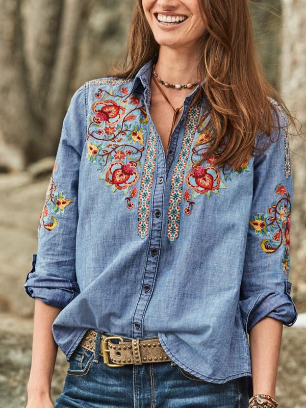 Women's Plus Size Embroidery Buttoned Casual Shirt Collar Tops