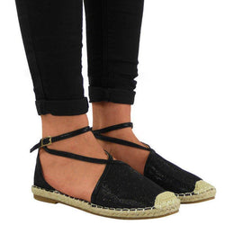 Women Flat Heel Espadrille Shoes Buckle Shining Sandals