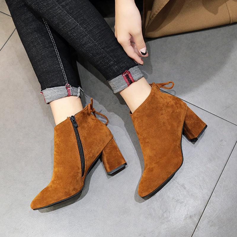 Women Fashion Nubuck Leather Ankle Height Pointed Toe Boots Pumps