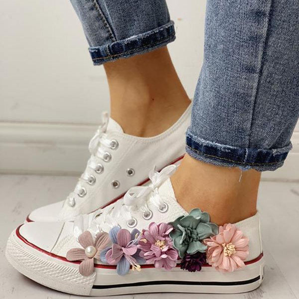 Women Floral Embellished Lace-Up Casual Sneakers