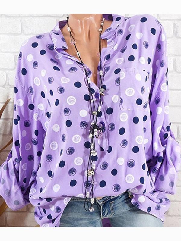 Daily Plus Size Dot Print Blouse Loose Lapel Tops For Women