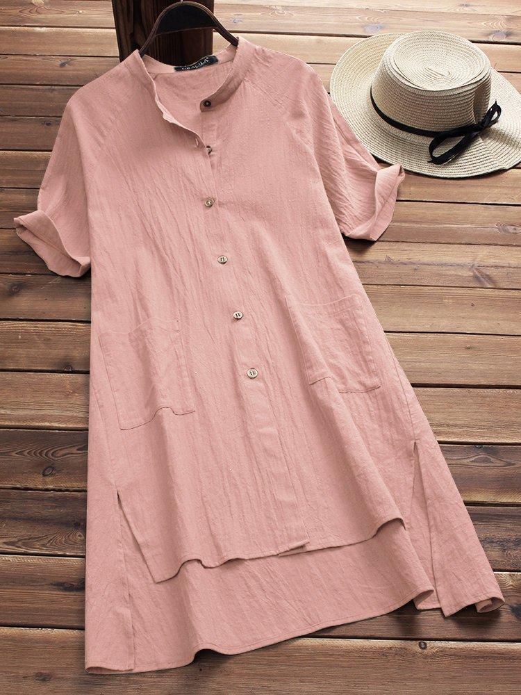 Stand Collar High Low Women Short Sleeve Casual Slit Solid Casual Dress