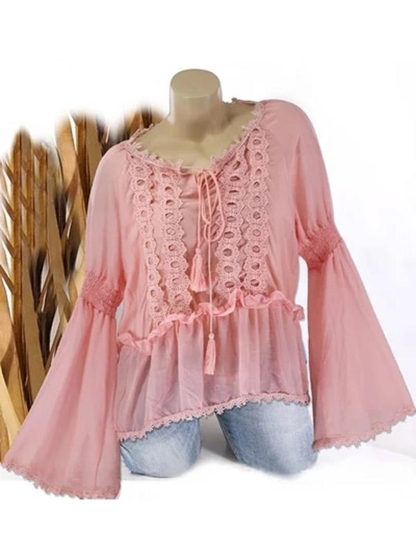 Women Flare sleeve Round Neck Casual Lace Splice Long Sleeve Blouse