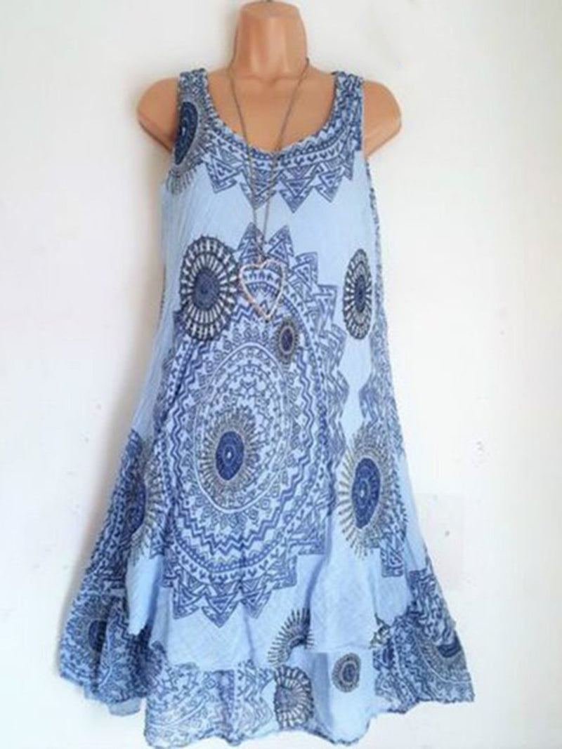 Women Sleeveless Causal Dresses Scoop Neckline Printed Dress