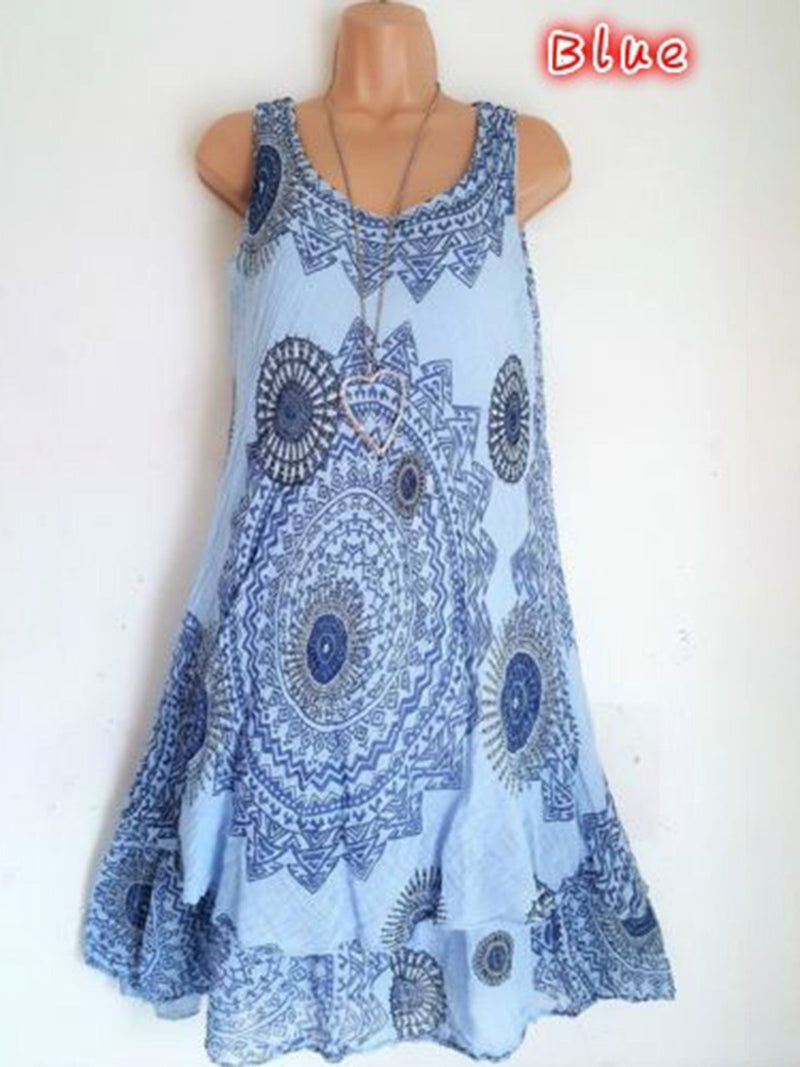 Women Sleeveless Causal Dresses Scoop Neckline Printed Dress