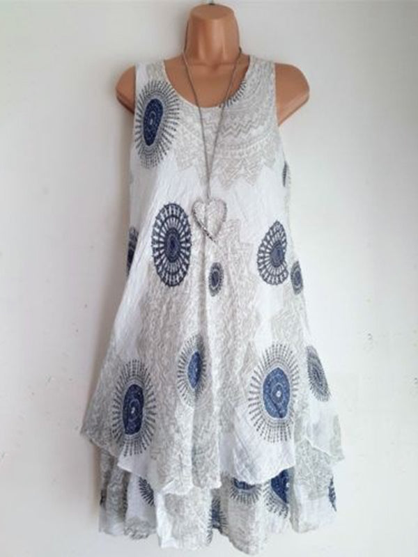 Women Sleeveless Causal Dresses Scoop Neckline Printed Dress