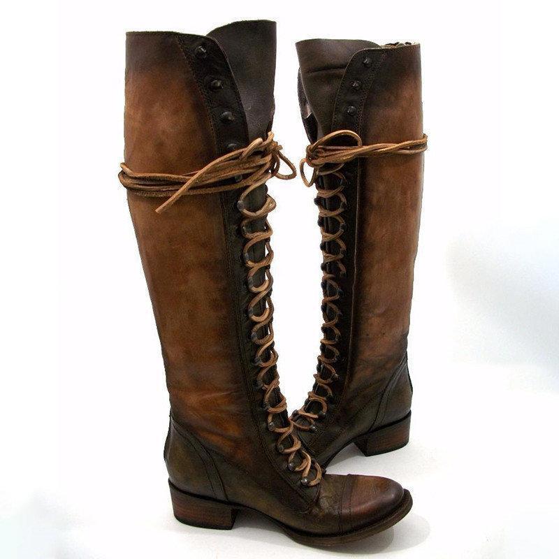 Women Winter Vintage Boots Lace-up Knee-high Shoes