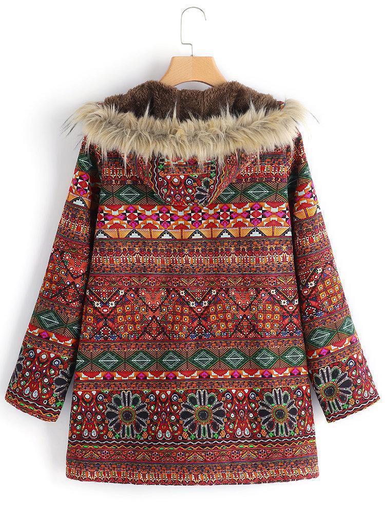 Women Ethnic Printed Faux Fur Hooded Fleece Autumn Winter Coat