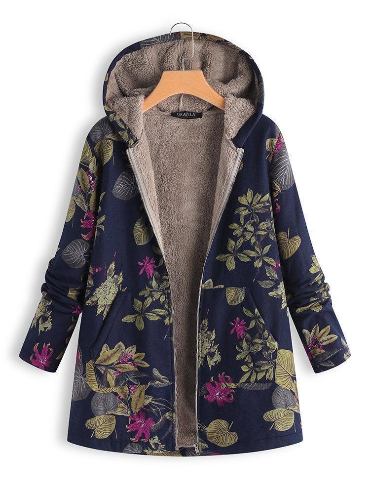 WOMEN FLORAL LONG SLEEVE HOODIE POCKETS WINTER PLUS SIZE COAT